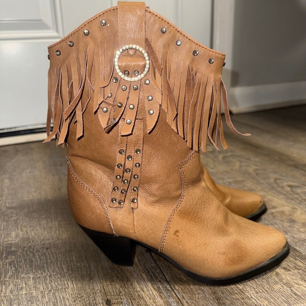 Santa Fe Boot Co Tan Leather Fringe Studded Western Ankle Boots Women 8M SFW502 - Picture 7 of 11